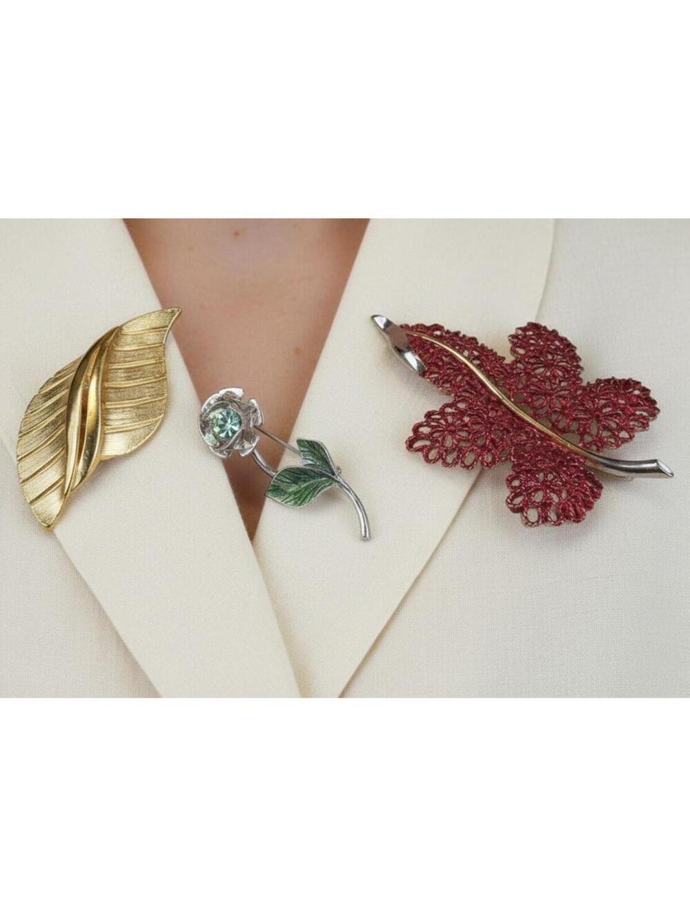 Vintage Floral and Leaf Brooch Pin Set 3 Pieces